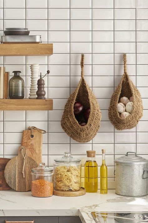 Jute onion basket hanging for pantry | Potato garlic onion storage | Boho wall baskets for kitchen Small Basket Decor Ideas, Wall Baskets Storage, Hanging Vegetable Basket, Veggie Basket, Onion Basket, Boho Wall Baskets, Hanging Baskets Kitchen, Wall Basket Storage, Onion Storage