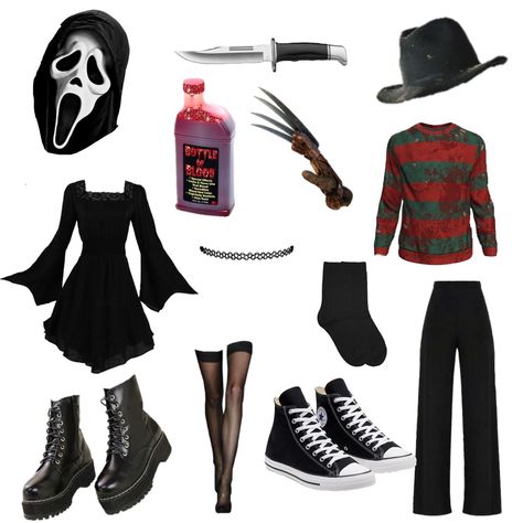 Freddy Krueger Costume Women Halloween Ideas, Holloween Costume Ideas Scream, Freddy Krueger And Scream Costume, Ghostface And Freddy Krueger, Ghost Face And Freddy Krueger Costume, Freddy Krueger And Ghostface Costume, Freddie Kreuger Costume Woman, Scream And Freddy Costume, Halloween Costume Freddy Krueger