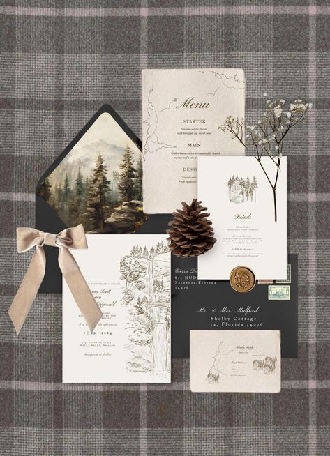 This hand illustrated, Mountain Winter Wedding Invitation bundle is  easily customizable so you can make sure your invitations, RSVP's, details and response cards, and even envelopes are cohesive and communicate your style in the way you want.  This is a hand drawn digital template that can be modified on CANVA. Digital templates are cost-effective and easy to use compared to fully custom invites which can be expensive and complicated. Plus, you can reuse this template for multiple events!  (www.canva.com). What's included? Editable 5"x7" Woodland Garden Party Invitation, 2 Details cards, and Rehearsal dinner invite and corresponding Envelope templates and 6.75x7.5 Envelope liner design (x4)  Editable 4.5"X5.75" Response card and envelope design * Please note that this is a DIGITAL product Cabin Theme Wedding, Wedding Invitations Mountains, Neutral Winter Wedding, Modern Christmas Wedding, Winter Wedding Invites, Pine Forest Wedding, Winter Forest Wedding, Wedding Invitations Winter, Winter Wedding Aesthetic