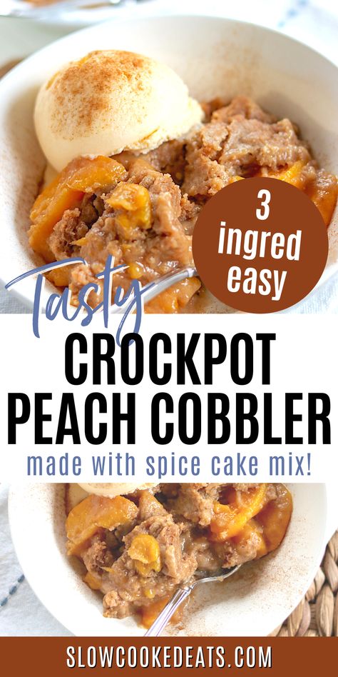 Are you looking for an easy dessert that requires minimal effort and only 3 ingredients? Look no further than this delicious Crock Pot Peach Cobbler! With a few simple ingredients—including your favorite cake mix—you can whip up this slow cooker dessert that everyone will love. Easy Slow Cooker Peach Cobbler, 3 Ingredient Peach Cobbler Crock Pot, Small Crockpot Desserts, Peach Cobbler Dump Cake Crock Pot, Crockpot Dessert Recipes 3 Ingredients, Slow Cooker Peach Dump Cake, Crock Pot Peach Cobbler Recipe, Crockpot Peach Cobbler Dump Cake, Cobbler In Crockpot