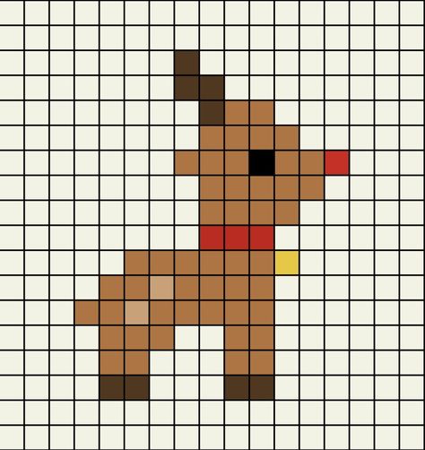 A pixel art template of Rudolf the red nose reindeer from the side. Pixel Art Noel, Piskel Art, Graph Paper Drawings, Tiny Cross Stitch, Easy Pixel Art, Pixel Drawing, Pix Art, Pixel Art Grid, Graph Paper Art