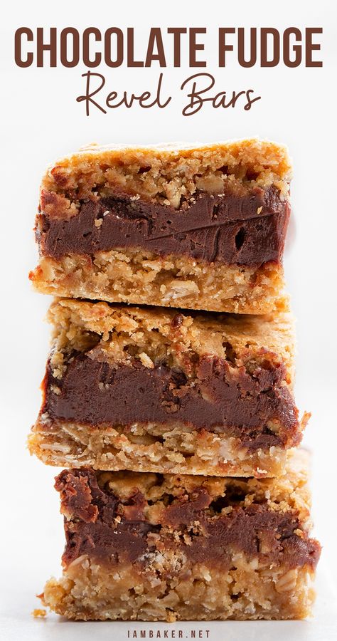 A stack of three revel bars, showing the fudgy inside layer. Oatmeal Fudge Bars Recipes, Fudge Jumbles Recipe, Fudge Jumbles, Bing Bars, Revel Bars Recipe, Chocolate Revel Bars, Oatmeal Fudge, Raspberry Oatmeal Bars, Revel Bars