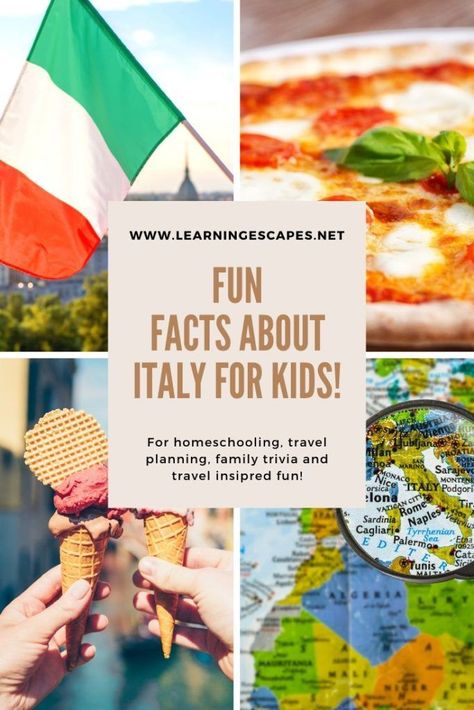 Fun and interesting facts about Italy for kids, for homeschooling families or just for fun! Learn about Italy, plan your trips and help your kids discover Italy from home with this child friendly selection of Italy facts for kids Italy Day At School, Fun Facts About Italy, Italy Crafts, Facts About Italy, Italy Geography, Italy Party, Geography Project, Italy For Kids, Italy Culture