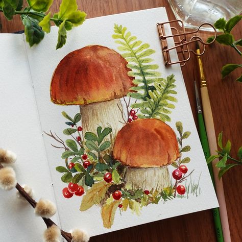 Autumn Sketchbook Ideas, Mushroom Cottagecore Art, Fall Art Watercolor, Autumn Watercolor Art, Mushroom Art Painting, Watercolour Inspiration Flowers, Mushroom Illustration Cute, Botanical Art Watercolors, Mushroom Watercolor Paintings