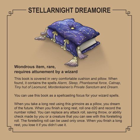 DND MAGIC ITEMS HOMEBREW - STELLARNIGHT DREAMOIRE GRIMOIRE Magic Trinkets, Dnd Magic Items Homebrew, Dnd Magic Items, Fantasy Spells, Harry Potter Dr, Magic Objects, Drawing Monsters, Dnd Wizard, Homebrew Items