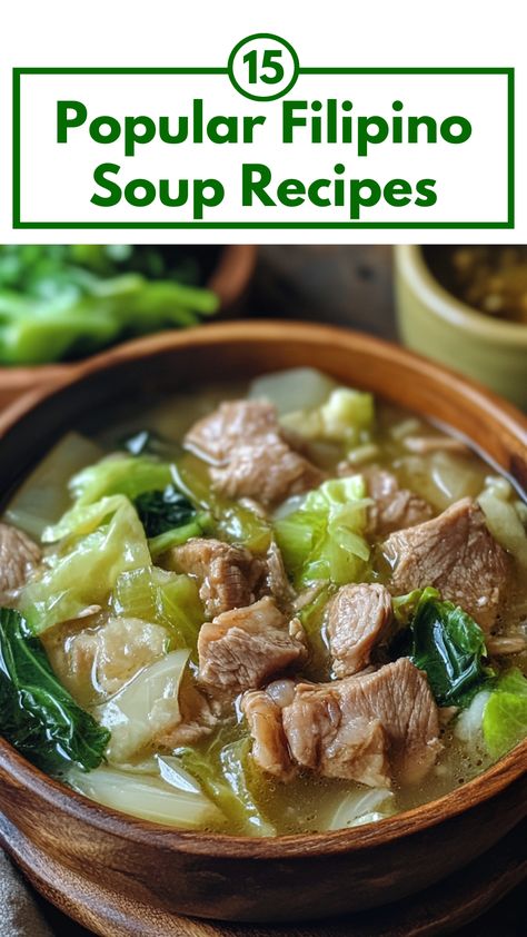 A hearty bowl of Filipino soup with tender pork chunks, fresh cabbage, and leafy greens in a savory broth. This traditional comfort food is perfect for cold days, featuring fresh vegetables and rich flavors. A staple Filipino dish showcasing simple ingredients and authentic cooking methods. Filipino Noodle Soup, Filipino Recipes Soup, Filipino Stew Recipes, Filipino Chicken Soup Recipes, Filipino Beef Soup, Philippine Soup, Filipino Crockpot Recipes, Ethnic Soup Recipes, Filipino Fish Recipes