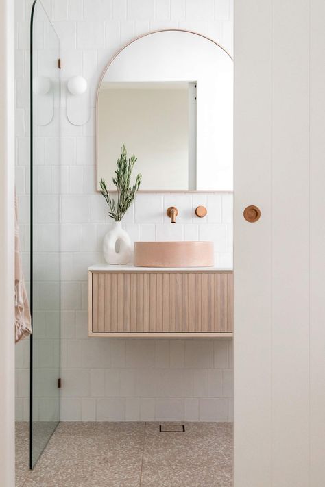 Ensuite Bathroom Layout, Ensuite Bathroom Ideas, Scandi Bathroom, Ensuite Bathroom Designs, Abi Interiors, Timber Vanity, Sunshine Beach, Brushed Copper, Ensuite Bathrooms