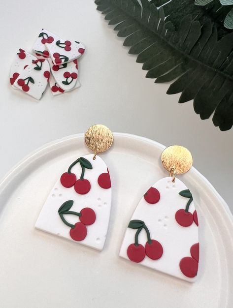 Clay Cherries, Cherry Clay Earrings, Cherry Polymer Clay Earrings, Polymer Clay Cherry Earrings, Cherry Polymer Clay, Trendy Handmade Cherry Earrings, Fruit Earrings Polymer Clay, Earring Inspo, Cherry Earrings