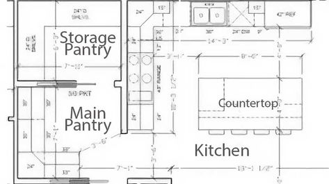 Canning Kitchen Layout Floor Plans, Kitchen Pantry Floor Plan, Canning Kitchen Layout, Walk In Pantry Dimensions, Kitchen Blueprints, Pantry Dimensions, Butler Kitchen, Floor Plan With Dimensions, Barn House Interior