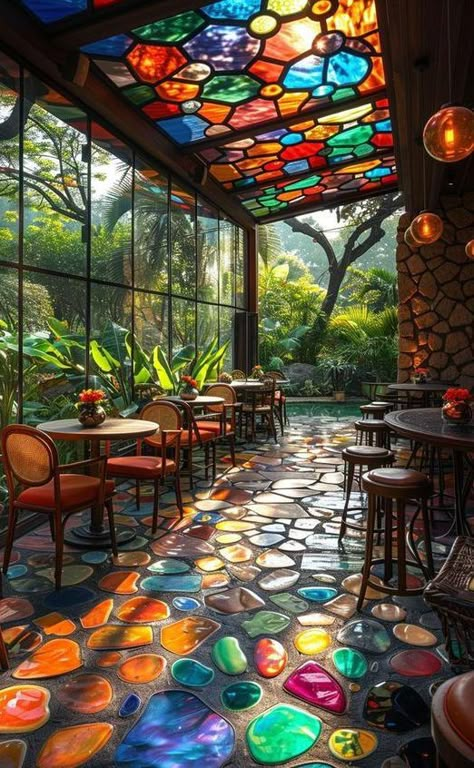 Unique Cafe Interior Design, Cafe Roof Design, Unique Cafe Ideas, Art Cafe Ideas, Unique Cafe Design Interiors, Creative Cafe Design, Kitchen Ideas Extension, Outdoor Cafe Design Ideas, Restaurant Patio Ideas