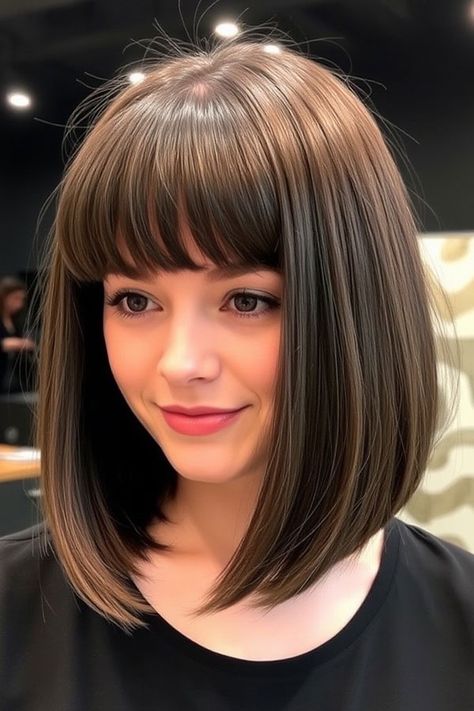 Chocolate Brown A-Line Bob with Full Bangs, a-line bob haircut with fringe Classic Bob With Bangs, Short Bob With Bangs For Black Women, Full Bangs Round Face, Medium Bob With Fringe, Long Bob Hairstyles With Bangs, Bob With Full Bangs, Round Face Fringe, A Line Bob With Bangs, Straight Bob With Bangs