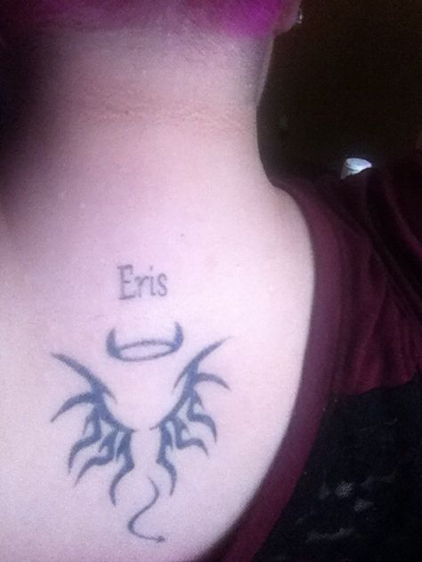 Angle / Devil my first tattoo and Eris goddess my ninth tattoo. Eris Tattoo, Eris Goddess Of Chaos, Eris Goddess, Goddess Of Chaos, Chaos Tattoo, First Tattoo, Tatting, Tattoos