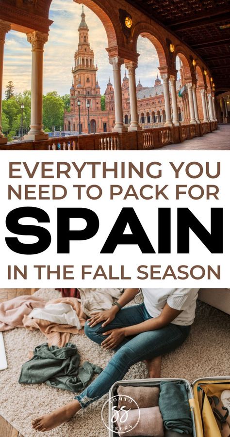 Plaza de Espana, Sevilla and woman packing in her bedroom Autumn Spain Outfit, Spain Outfit Ideas Autumn, Barcelona Fall Outfits 2023, Spain Vacation Outfits Fall, Spain In The Fall Outfits, Spain Outfits October, Spain Outfit Ideas September, Madrid Autumn Outfit, Spain Travel Outfits September