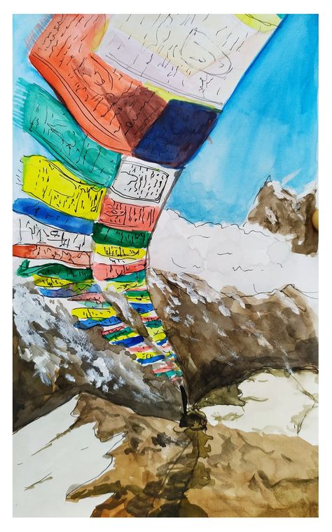 Prayer flags in Sikkim Tibetan Flag Wallpaper, Nepali Art Paintings, Sikkim Painting, Sikkim Drawing, Nepali Decor, Nepal Sketch, Nepal Illustration, Nepali Painting, Tibetan Restaurant