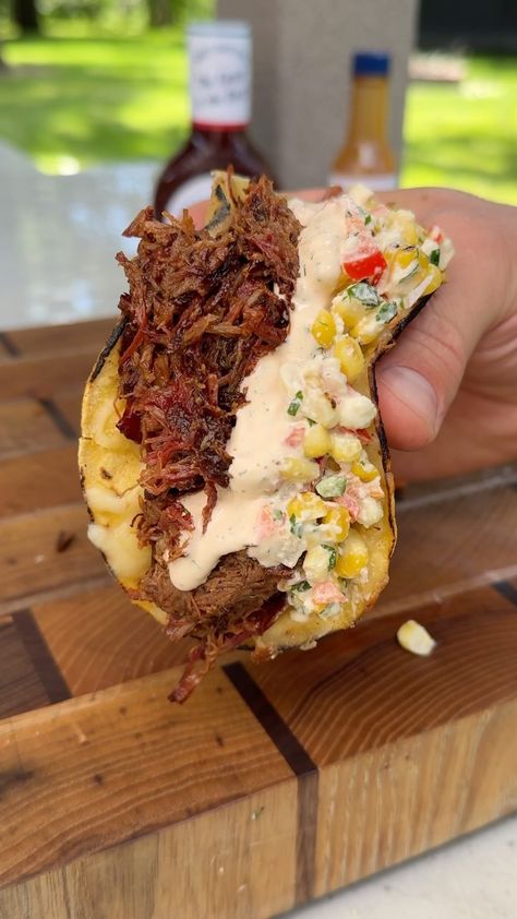 Nick Nesgoda | Smoked BBQ Beef Tacos This recipe will be the highlight of your summer using the OG of BBQ sauce and the new Hot Sauce! Recipe • Cube up… | Instagram Smoked Bbq Beef Tacos, Bbq Beef Tacos, Smoked Tacos, Smoker Recipes Chicken, Bbq Tacos, Smoked Chuck Roast, Shredded Beef Recipes, Bbq Beef, Smoked Beef