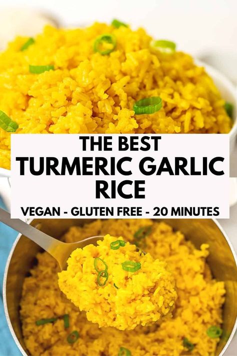 Mediterranean Yellow Rice, Garlic Turmeric Rice, Turmeric Rice Recipe, Tumeric Rice, Lentil Meatloaf, Yellow Rice Recipe, Yellow Rice Recipes, Cooking With Turmeric, Vegetable Kebabs