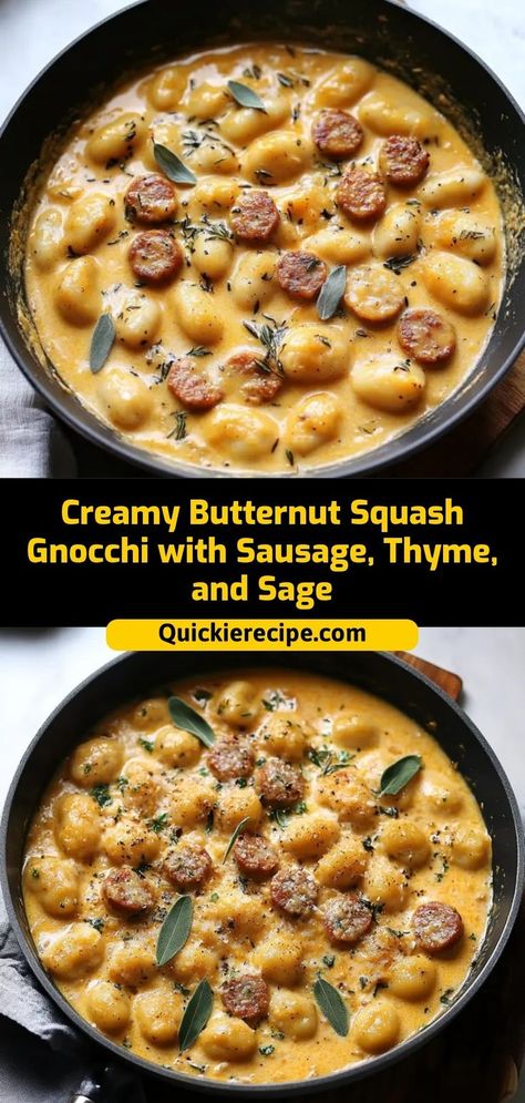 Rich, creamy, and bursting with fall flavors, this Creamy Butternut Squash Gnocchi is a hearty and satisfying dish. The savory sausage, fresh thyme, and sage perfectly complement the velvety sauce. Ingredients: 2 cups gnocchi 1 cup butternut squash puree 1/2 lb sausage, cooked and crumbled 1 tsp fresh sage, chopped A creamy, savory dish perfect for cozy dinners Butternut Squash Sausage Skillet, Gnocchi Recipes Butternut Squash, Ravioli With Butternut Squash Sauce, Sausage Squash Pasta, Gnocci Meals Italian Sausage, Butternut Squash Sage Pasta, Dinners With Squash, Sausage And Butternut Squash Soup, Gnocchi Butternut Squash