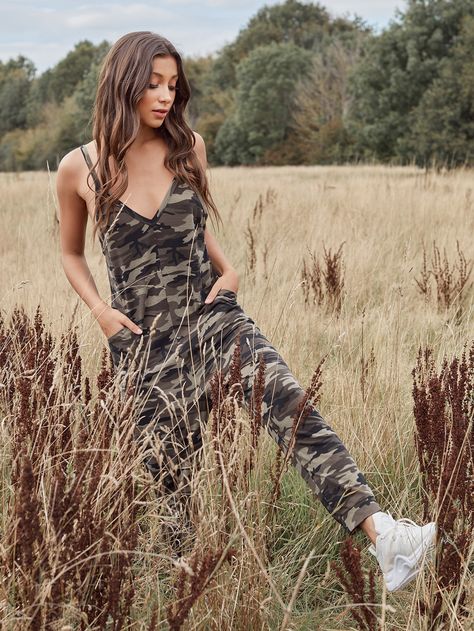 Army Green Casual  Sleeveless Polyester Camo Cami Embellished Slight Stretch Spring/Summer Women Jumpsuits & Bodysuits Camo Jumpsuit, Army Fatigue, Cami Jumpsuit, Jumpsuit With Sleeves, Printed Jumpsuit, Camo Print, Black Jumpsuit, Green Fashion, Army Green