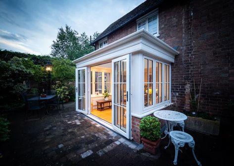 3m x 2m Cream orangery with timber-effect frames (ref.pri) Small Orangery Extension, Orangery Dining Room, Small Orangery, Orangery Extension Kitchen, Conservatory Interiors, Small Conservatory, Kitchen Orangery, Orangery Conservatory, Warm Roof