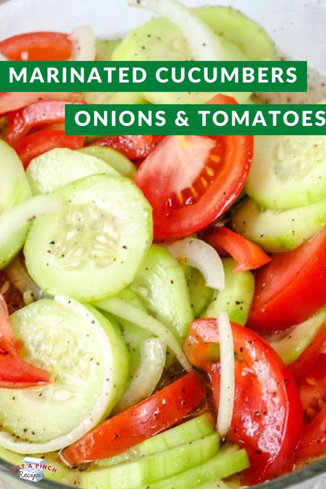 Marinated Cucumbers, Onions, and Tomatoes Marinated Cucumbers Onions And Tomatoes, Cucumbers Onions And Tomatoes, Onions And Tomatoes, Marinated Cucumbers, Cucumbers And Onions, Tomatoes Recipe, Sauce Hollandaise, Cucumber Tomato Salad, Cucumber Recipes Salad