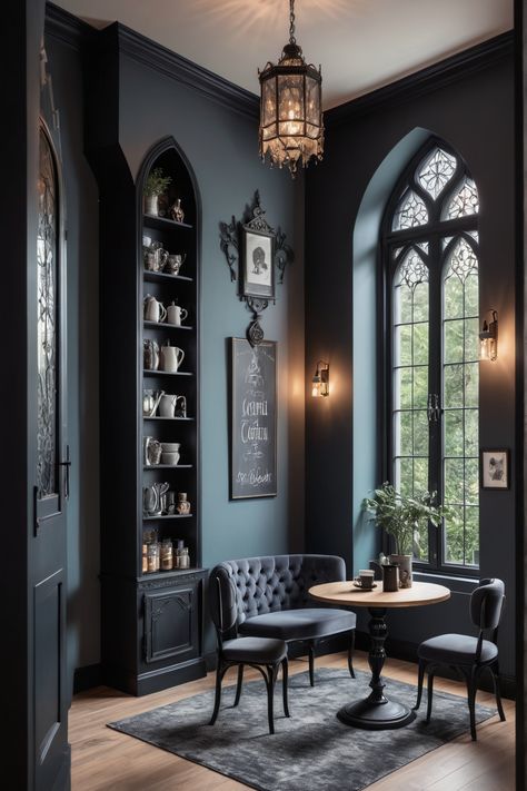 Gothic coffee nook filled with elegant decor and dark tones, perfect inspiration for creating a unique coffee corner. Uses one captivating image. Gothic Theme House, Gothic Modern House Decor, Dark Gothic Interior Design, Black Coffee Shop Aesthetic, Gothic Home Inspiration, Gothic Contemporary Interior, Gothic Coffee Shop, Gothic Decor Ideas, French Gothic Decor