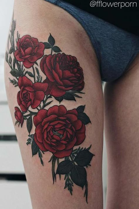 Red And Black Rose Tattoo, Black And Red Rose Tattoo, Rose Tattoo On Thigh, Rose Thigh Tattoo, Thigh Piece Tattoos, Black Rose Tattoo, Tattoo On Thigh, Thigh Tattoo Men, Rose Tattoo Thigh