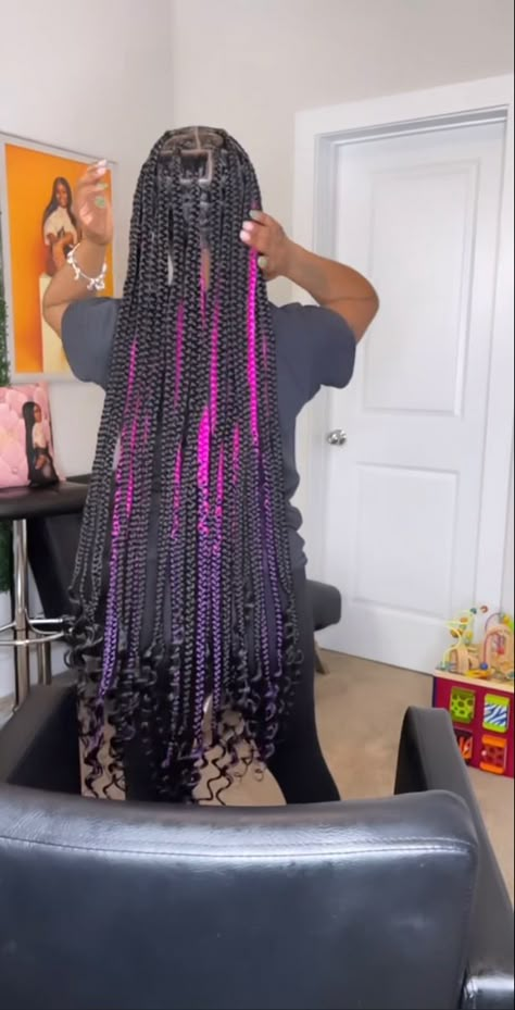 Yellow Peekaboo Hair Braids, Purple Skunk Stripe Braids, Ombre Peekaboo Braids, Large Knotless Braids With Curly Ends And Color, Grey Peekaboo Braids, Peekaboo Box Braids Purple, Blue Braids With Curls, Purple Protective Styles, Braids With Colored Hair