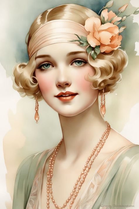 Elegant 1920s tween flapper girl by Gatekeeper - Playground Art Deco Woman Illustration, Hyperrealistic Portrait, Gatsby Girl, Art Deco Cards, Art Deco Artwork, Art Deco Lady, Fashion Illustration Vintage, Abstract Face Art, Flapper Girl