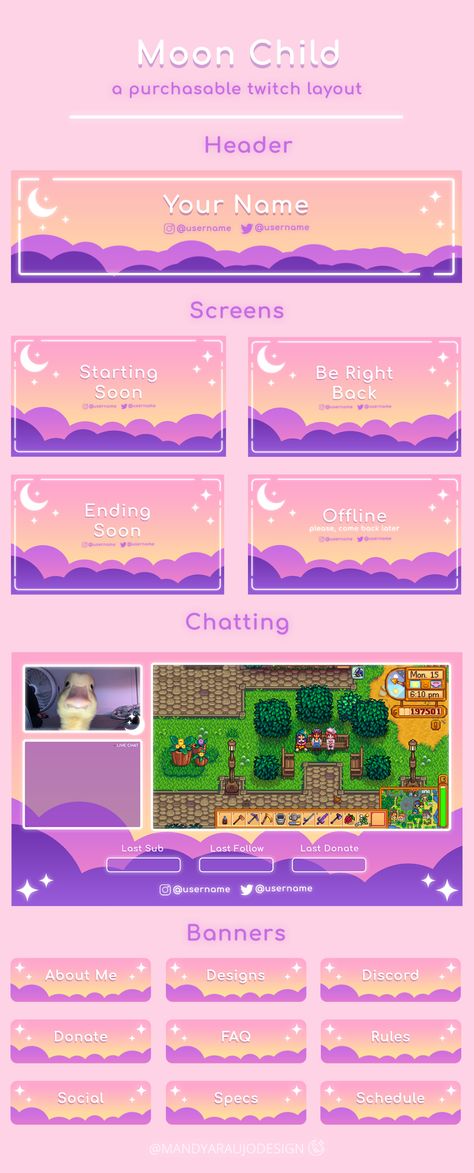 Moon Child - Twitch Overlay on Behance Pokemon Stream Overlay, Twitch Header Aesthetic, Vtuber Twitch Overlay, Twitch Name Ideas, Stream Overlay Ideas, Twitch Banner Aesthetic, Twitch Overlay Ideas, Twitch Layout, Twitch Assets