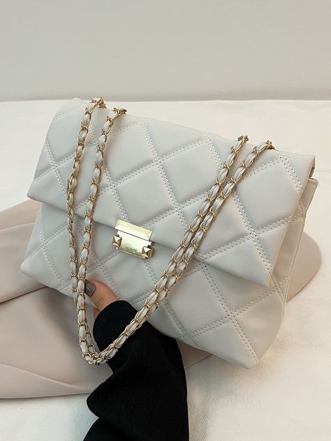 Beige Elegant Collar  PU Leather Quilted Square Bag Embellished   Women Bags Luxury Elegant Flap Bag For Women, Luxury Elegant Square Bags, Elegant Flap Shoulder Bag For On-the-go, Elegant White Square Bag, Ladies Purses Handbags Style, Elegant Square Shoulder Bag With Chain, Casual Purse, Purse Trends, Leather Bag Design