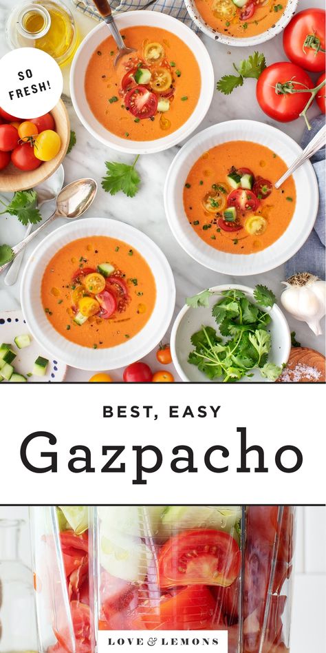 Traditional Spanish gazpacho is made with bell peppers. But earlier this summer, I was making gazpacho at home, and fresno chiles were the only peppers I had in the fridge. I tossed them in, and I fell in love with the heat they added to the soup. I highly recommend using them, but you could swap in half a red bell pepper if you prefer. Easy Gazpacho, Lemons Recipes, Cold Soups, Gazpacho Soup, Gazpacho Recipe, Summer Soup, Simple Green Salad, Cold Soup, Healthy Summer Recipes