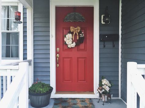 Blue house with red front door Red Front Door Blue House, Blue House Burgundy Door, Modern Farmhouse Red Front Door, Blue Gray Exterior House Colors Red Door, Blue Siding Red Door, Blue House Red Door White Trim, Red Door Blue House, Navy Blue House With Red Door, Blue House With Red Door