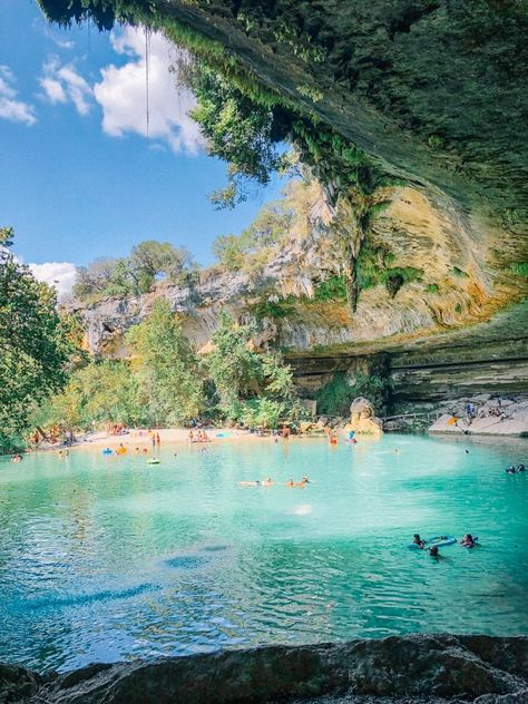 Traveling to Texas? From natural springs to mysterious Caribbean blue waters, explore the top Texas swimming holes and secret swimming spots across the Lone Star State. The chilly waters of natural swimming pools are a sweet relief from the raging Texas sun and the zen energy is unmatched. Blue Hole Texas Wimberly, Jacobs Well Texas, Water Parks In Texas, Caddo Lake State Park, Texas Nature, Canyon Lake Texas, Pedernales Falls State Park, Texas Swimming Holes, Texas Sun