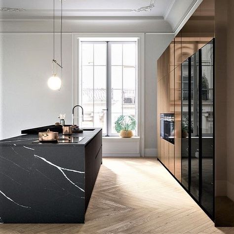 SVAREF High-end interior design inspiration reference image of a luxurious kitchen in wood and marble SVA Black Marble Island, Kitchen Island Wood, Kitchen Counter Design, Black Marble Countertops, Design Kitchen Island, Modern Classic Kitchen, Vincenzo De Cotiis, Marble Kitchen Island, 2022 Kitchen