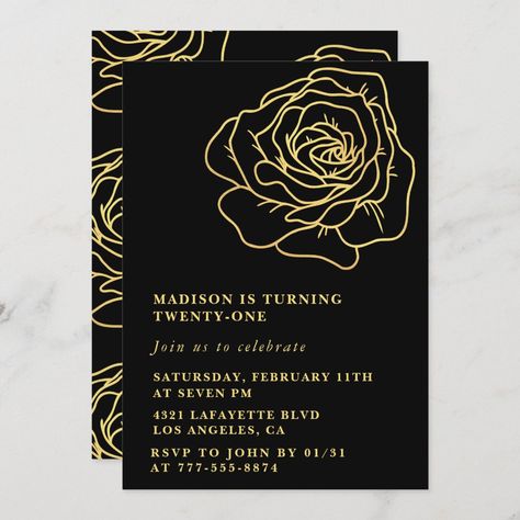 21st birthday invitations Gold Black Flowers Black And Gold Birthday Invitations, Gold Birthday Invitations, 65th Birthday Invitations, 75th Birthday Invitations, Black And Gold Invitations, Black And Gold Birthday, 90th Birthday Invitations, 70th Birthday Invitations, 80th Birthday Invitations