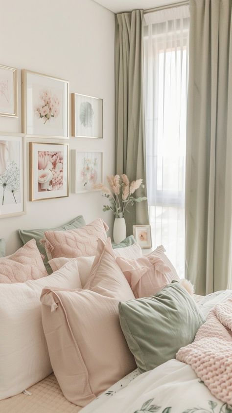 15 Chic Sage Green And Pink Bedroom Inspirations - Planted Shack Sage Pink And Gold Bedroom, Mint And Beige Bedroom, Sage White And Wood Bedroom, Pink Bedroom Design Interiors, Pink Wall Bedroom Decor, Green Gold And Pink Bedroom, Pale Pink Guest Bedroom, Soft Color Room Ideas, Peach Pink Bedroom Ideas