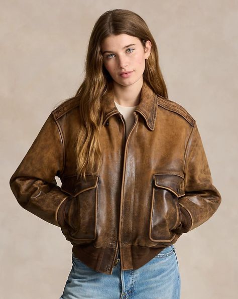 Burnished Leather Bomber Jacket Sweatpants And Sweater, Distressed Leather Jacket, Jacket Outfit Women, Canadian Tuxedo, Armenia Azerbaijan, Style Goals, Polo Ralph Lauren Women, Fits Inspo, Fall Clothes