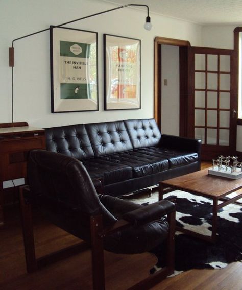 Cedrick and Sunny's Dark & Dramatic 1938 Toronto Bungalow — House Call Dark Mid Century Modern, Dark Wood Living Room, Masculine Home Decor, Mens Apartment Decor, Masculine Living Rooms, Masculine Interior, Masculine Decor, Dark Wood Furniture, Man Of The House