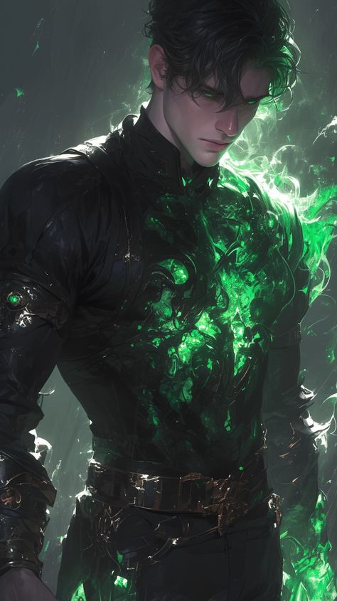 Green Characters Aesthetic, Dark Hair Green Eyes Men, Fantasy Villain Art, Green Haired Characters, Male Dnd Character Art, Male Character Inspiration Art, Male Alien, Glowing Eyes Art, Wolf Boy