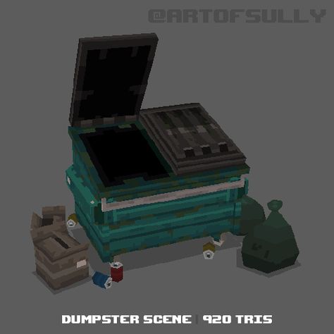 ArtStation - 3D Pixel-Art Dumpster Scene (Commission), Brendan Sullivan Low Poly Pixel Art, Pixel Art Texture, Ps1 Graphics, 3d Pixel Art, Lowpoly 3d, Low Poly Character, Game Textures, 3d Pixel, Voxel Art