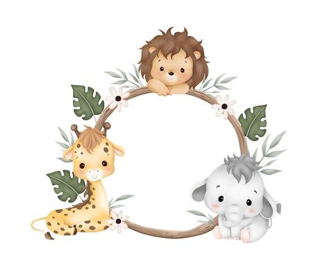 Vector watercolor illustration wooden fr... | Premium Vector #Freepik #vector #tropical #nature #background #blank Baby Safari Animals, Jungle Balloons, Jungle Theme Birthday Party, Jungle Theme Birthday, Unisex Baby Shower, Baby Frame, Baby Lion, Baby Themes