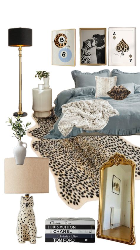 Cheetah print, baby blue, preppy Cheetah Room, Baddie Bedroom, Room Wishlist, My Own Room, College Room Decor, Dorm Room Inspo, Room Inspired, Own Room, College Apartment Decor