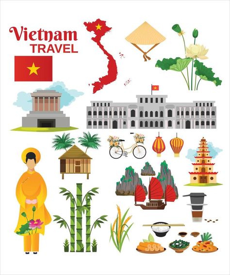 Travel to Vietnam. Set of traditional Vietnamese cultural symbols. Vietnamese landmarks and lifestyle of Vietnamese people Vietnam Drawing, Vietnam Party, Vietnam Pattern, Vietnam Art Design, Vietnam Aesthetic, Travel To Vietnam, Vietnam Culture, Country Poster, Vietnam Map