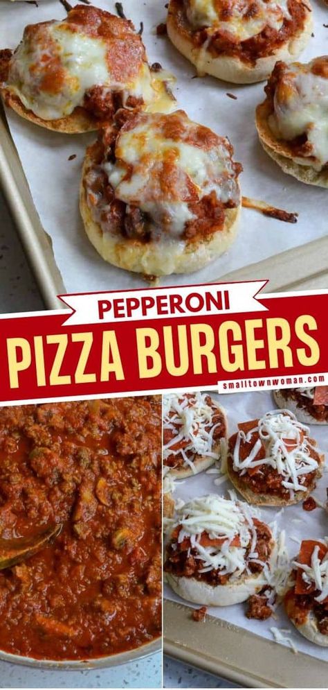 A quick and easy 30-minute meal perfect for dinner tonight! Pizza Burgers are made with ground beef, onions, garlic, marinara, mushrooms, pepperoni, and melted mozzarella all on toasted English muffins. Pizza Burgers Recipe, Pepperoni And Mozzarella, Homemade Pizza Pockets, 30 Minute Meals Easy, Pizza Sandwich, Pizza Burgers, English Muffins, Easy Pizza, Easy Cheesy