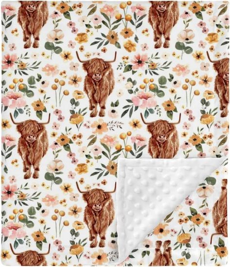 Highland Cow Floral Minky Baby Blanket Dotted Backing Girl, Boho Western Farm Animal Yak Flower Double Layer Nursery Bed Blankets, Soft Plush Newborn Infant Toddler Kid Crib Bedding 30 x 40 Highland Cow Girl Nursery, Baby Girl Farm Nursery, Highland Cow Nursery Girl, Cow Nursery Girl, Western Baby Girls, Western Blankets, Nursery Bed, Western Nursery, Cow Nursery