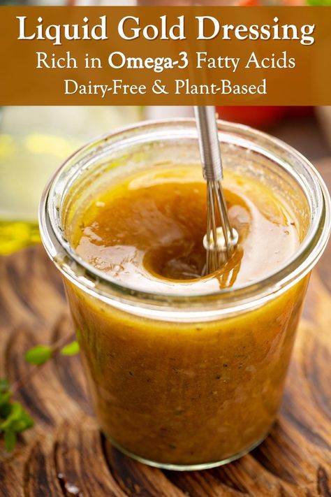 Liquid Gold Salad Dressing Recipe Rich in Omega 3 Fatty Acids - Plant-Based, Dairy-Free, Paleo, Healthy Fatty Acid Foods, Dairy Free Salads, Unique Salad, Vegan Salad Dressing, Salad Dressing Recipe, Omega 3 Fatty Acids, Vegan Salad, Salad Dressing Recipes, Liquid Gold