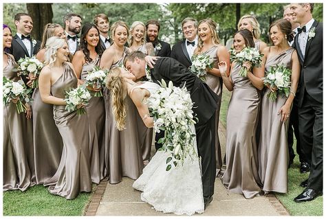 Timeless Wedding Party Colors, Greige Bridesmaid Dresses, Taupe Wedding Party, Taupe Bridal Party, Champagne Wedding Colors Scheme, Neutral Bridal Party, Neutral Wedding Party, Neutral Bridesmaids, Bridal Party Color Schemes