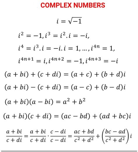 Reference sheet that exemplifies how an imaginary unit is derived and how to simplify imaginary numbers #ImaginaryNumbersCheatSheet Complex Numbers Formulas, Imaginary Numbers Math, Complex Numbers Math, Imaginary Numbers, Math Formula Chart, Teaching Math Strategies, Numbers Worksheet, Complex Numbers, Learning Mathematics