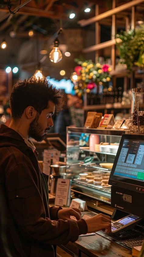 Cafe Checkout Time: A customer stands at the register, contemplating his order in the warm ambiance of a bustling cafe. #customer #cafe #register #pastries #bakery #aiart #aiphoto #stockcake ⬇️ Download and 📝 Prompt 👉 https://ayr.app/l/QVfE Cafe Barista, Hanging Light Bulbs, Cafe Counter, Man Cafe, Coffee Shop Photography, Time Images, Coffee Barista, Standing In Line, Espresso Drinks