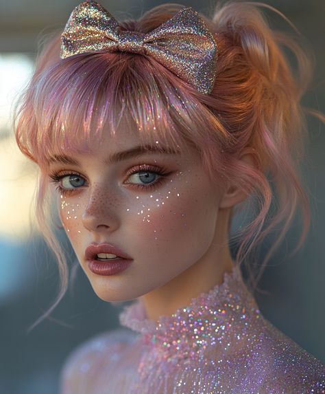 Glittery Bow Hairstyle: Glitter Infused Hair Hair Glitter Ideas, Hairstyle Glitter, Bow Hairstyles, Pastel Pink Hair Color, Holiday Updo, Copper Ombre, Red Copper Hair Color, Sparkly Hair Accessories, Copper Red Hair